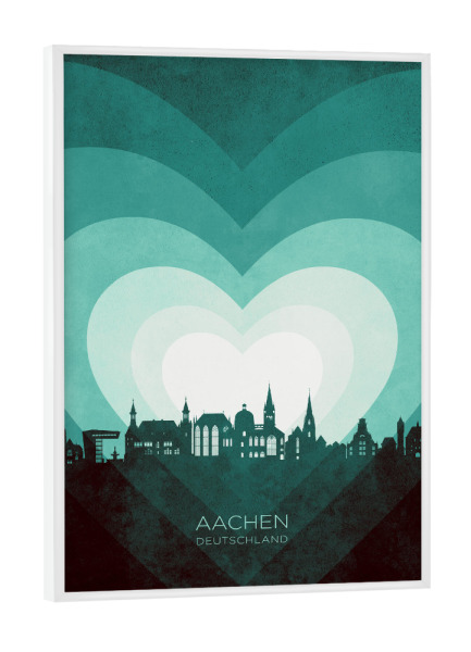 Poster mit weißem Rahmen "Aachen Skyline Heart Teal" artboxONE - Städte