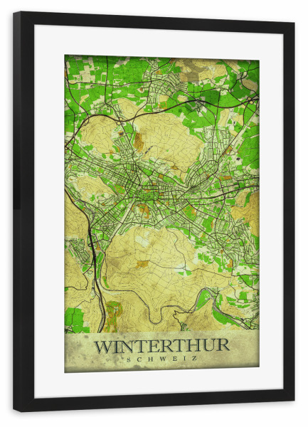 Poster mit Rahmen schwarz "Winterthur Vintage City Map" artboxONE - Städte / Weitere,Kartografie