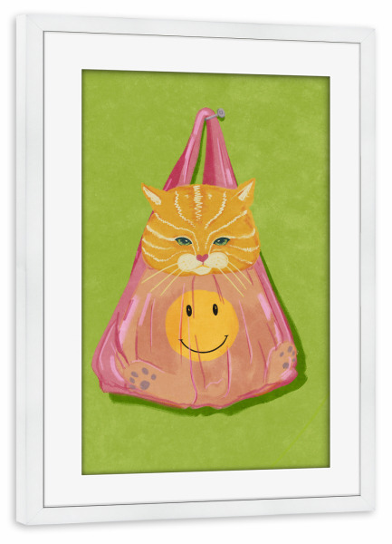 Poster mit Rahmen weiß "Cat in a bag" artboxONE - Für Kinder,Tiere,Lustig - Katze,Lustige katze,Illustration,Farbenfroh,Tiere,Smiley,Grün,Gelb,Rosa
