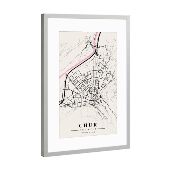 Poster mit Rahmen Silber "Map Chur" artboxONE - Städte / Weitere,Kartografie