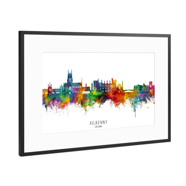 Poster mit Rahmen Schwarz (Metallic) "Kilkenny Ireland Skyline txt" artboxONE - Städte - Kilkenny,Irland,Skyline,Stadtbild,Stattbild,Aquarell,Malerei