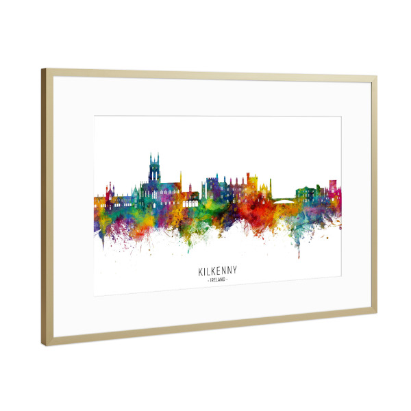 Poster mit Rahmen Gold "Kilkenny Ireland Skyline txt" artboxONE - Städte - Kilkenny,Irland,Skyline,Stadtbild,Stattbild,Aquarell,Malerei