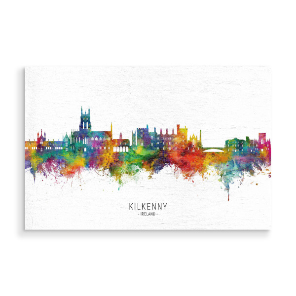 Holzbild "Kilkenny Ireland Skyline txt" artboxONE - Städte - Kilkenny,Irland,Skyline,Stadtbild,Stattbild,Aquarell,Malerei