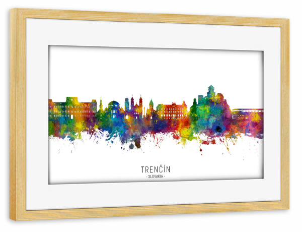 Poster mit Rahmen kiefer "Trenčín Slowakei Skyline txt" artboxONE - Städte