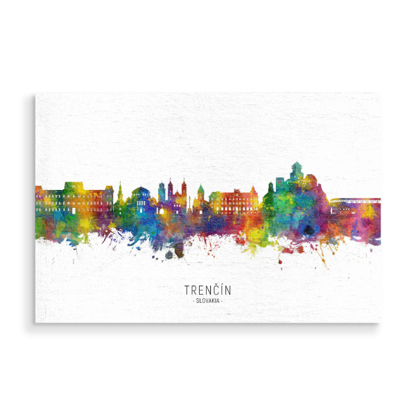 Holzbild "Trenčín Slowakei Skyline txt" artboxONE - Städte - Trenčín,Slowakei,Trencin,Skyline,Stadtlandschaft,Stattbild,Aquarell,Malerei