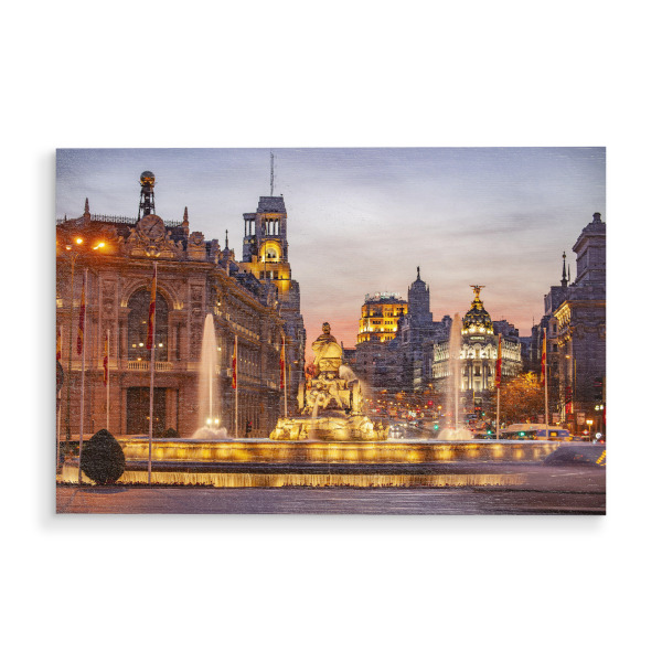 Holzbild "Madrid bei Nacht" artboxONE - Städte,Reise - Brunnen,Fuente de cibeles,Plaza de cibeles,Madrid,Spanien,Abend,Nacht