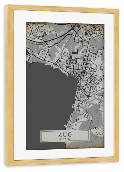 Poster mit Rahmen kiefer "Retro City Zug" artboxONE - Städte / Weitere,Kartografie