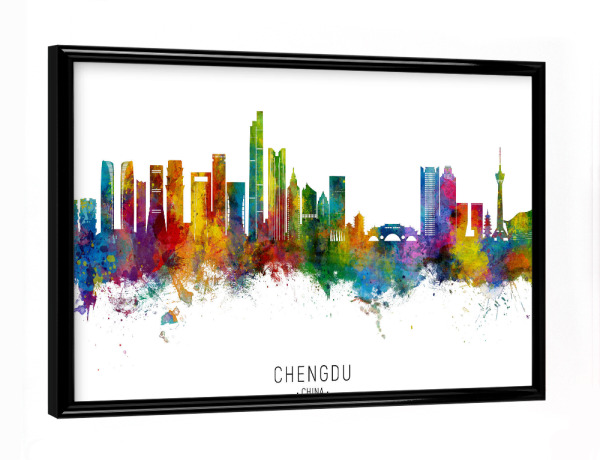 Poster mit schwarzem Rahmen "Chengdu China Skyline txt" artboxONE - Städte - Chengdu,China,Skyline,Stadtbild,Aquarell,Malerei