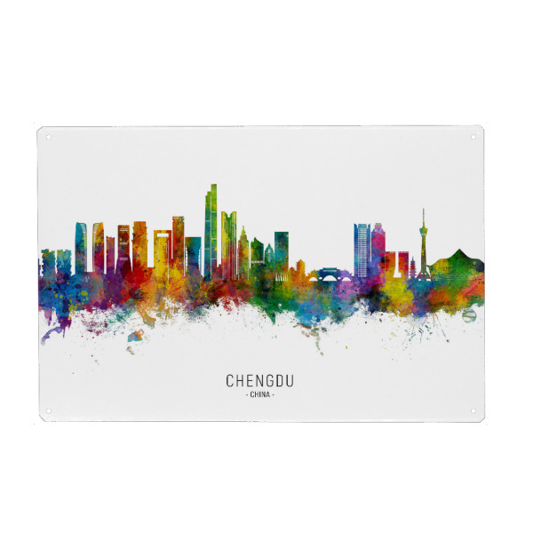 Metall Poster "Chengdu China Skyline txt" artboxONE - Städte - Chengdu,China,Skyline,Stadtbild,Aquarell,Malerei - Blechschild