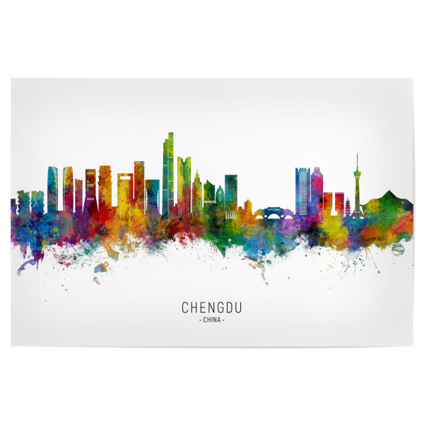 Poster 30x20 cm "Chengdu China Skyline txt" artboxONE - Städte - Chengdu,China,Skyline,Stadtbild,Aquarell,Malerei