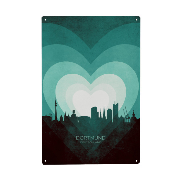 Holzbild "Dortmund Skyline Heart Teal" artboxONE - Städte - Dortmund,Deutschland,Herz,Liebe,Romantisch,Valentinstag,Skyline,Stadtbild,Stattbild