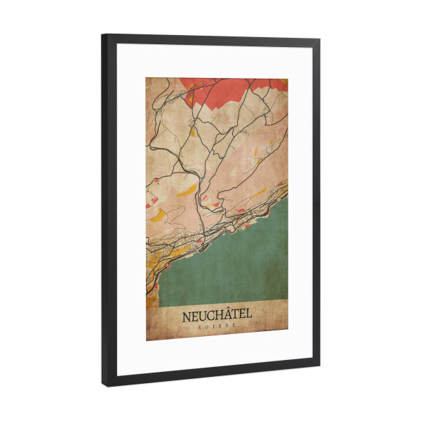 Poster mit Rahmen Schwarz (Metallic) "Retro City Neuchâtel" artboxONE - Städte / Weitere,Kartografie