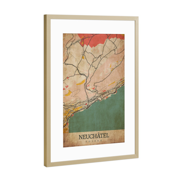 Poster mit Rahmen Gold "Retro City Neuchâtel" artboxONE - Städte / Weitere,Kartografie