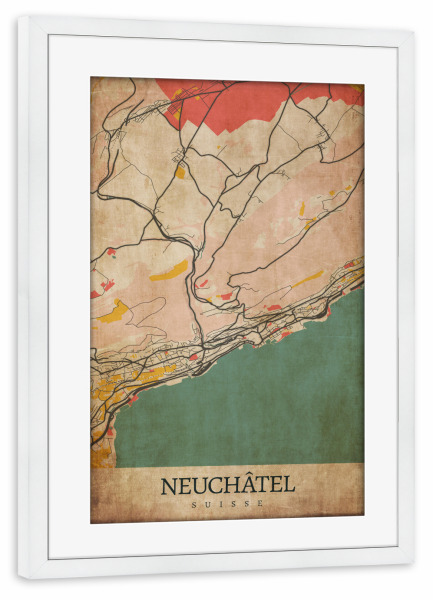 Poster mit Rahmen weiß "Retro City Neuchâtel" artboxONE - Städte / Weitere,Kartografie