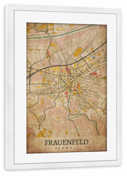 Poster mit Rahmen weiß "Retro Frauenfeld City" artboxONE - Städte / Weitere,Kartografie