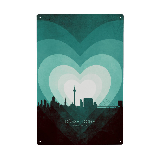 Metall Poster "Düsseldorf Skyline Heart Teal" artboxONE - Städte