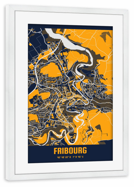 Poster mit Rahmen weiß "Fribourg City" artboxONE - Städte / Weitere,Kartografie