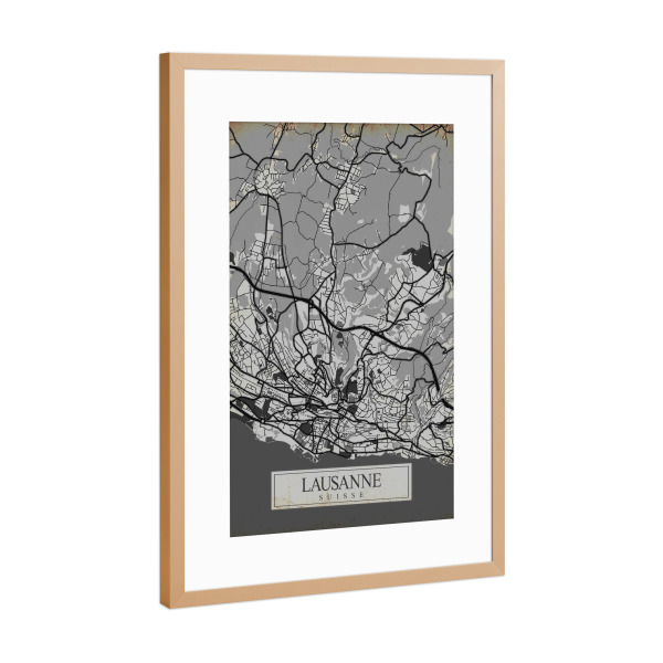 Poster mit Rahmen Kupfer "Retro Lausanne City" artboxONE - Städte / Weitere,Kartografie