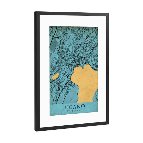 Poster mit Rahmen Schwarz (Metallic) "Vintage City Lugano" artboxONE - Städte / Weitere