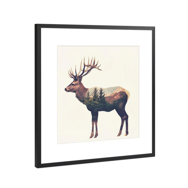 Poster mit Rahmen Schwarz (Metallic) "Wildnis mit Hirsch" artboxONE - Natur,Tiere,Reise / Länder