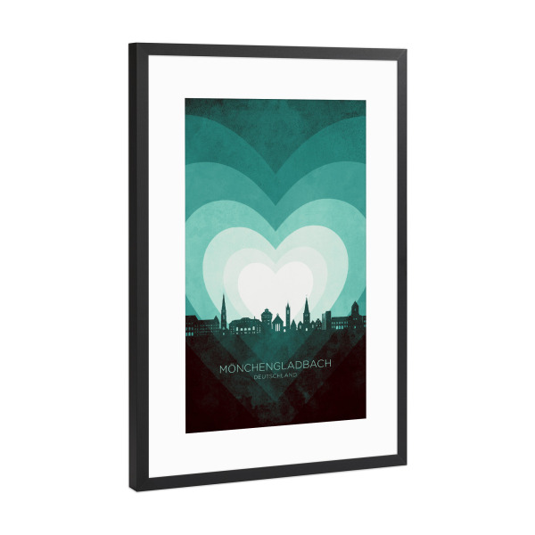 Poster mit Rahmen Schwarz (Metallic) "Mönchengladbach Skyline Teal" artboxONE - Städte