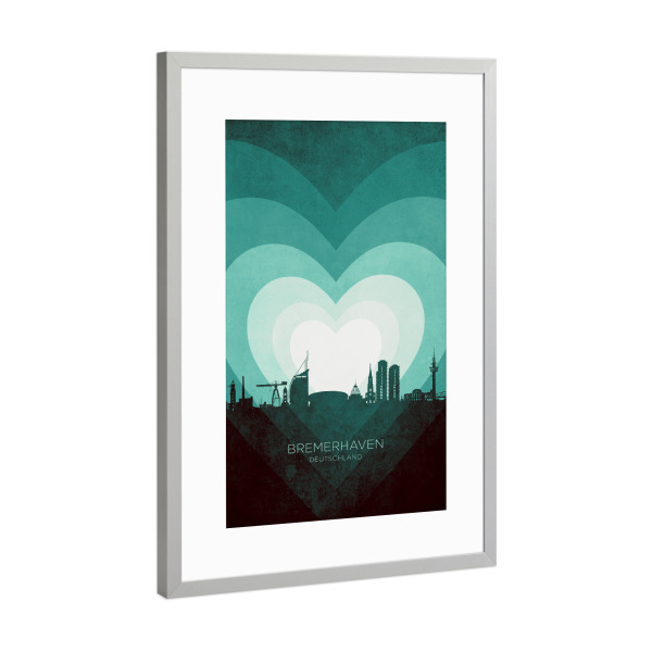 Poster mit Rahmen Silber "Bremerhaven Skyline Heart Teal" artboxONE - Städte