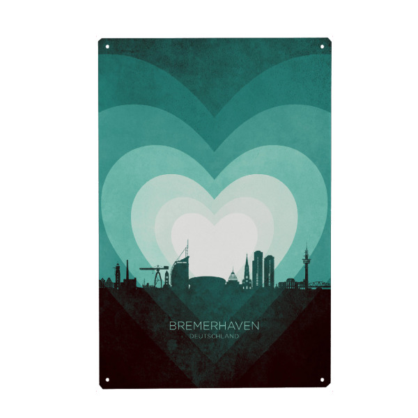 Holzbild "Bremerhaven Skyline Heart Teal" artboxONE - Städte - Bremerhaven,Deutschland,Herz,Liebe,Romantisch,Valentinstag,Skyline,Stadtbild,Stadtbild