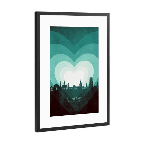 Poster mit Rahmen Schwarz (Metallic) "Darmstadt Skyline Heart Teal" artboxONE - Städte