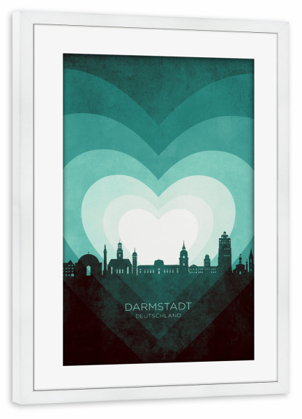 Poster mit Rahmen weiß "Darmstadt Skyline Heart Teal" artboxONE - Städte