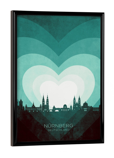 Poster mit schwarzem Rahmen "Nürnberg Skyline Heart Teal" artboxONE - Städte
