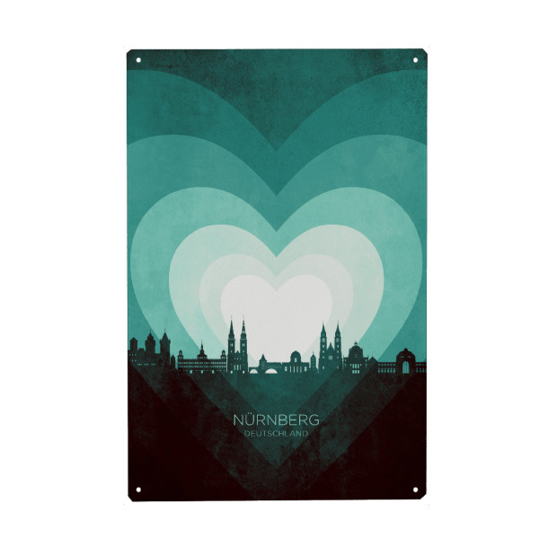 Holzbild "Nürnberg Skyline Heart Teal" artboxONE - Städte - Nürnberg,Deutschland,Herz,Liebe,Romantisch,Valentinstag,Skyline,Stadtbild,Stadtbild