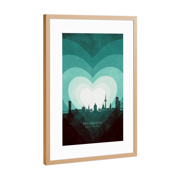 Poster mit Rahmen Kupfer "Mannheim Skyline Heart blaugrün" artboxONE - Städte