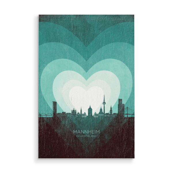 Holzbild "Mannheim Skyline Heart blaugrün" artboxONE - Städte - Mannheim,Deutschland,Herz,Liebe,Romantisch,Valentinstag,Skyline,Stadtbild,Stattbild