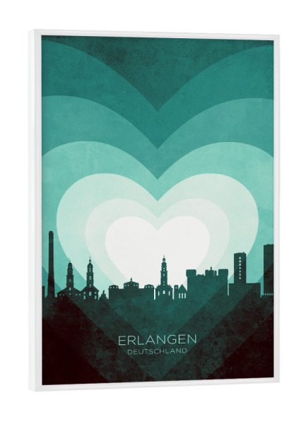 Poster mit weißem Rahmen "Erlangen Skyline Heart Teal" artboxONE - Städte