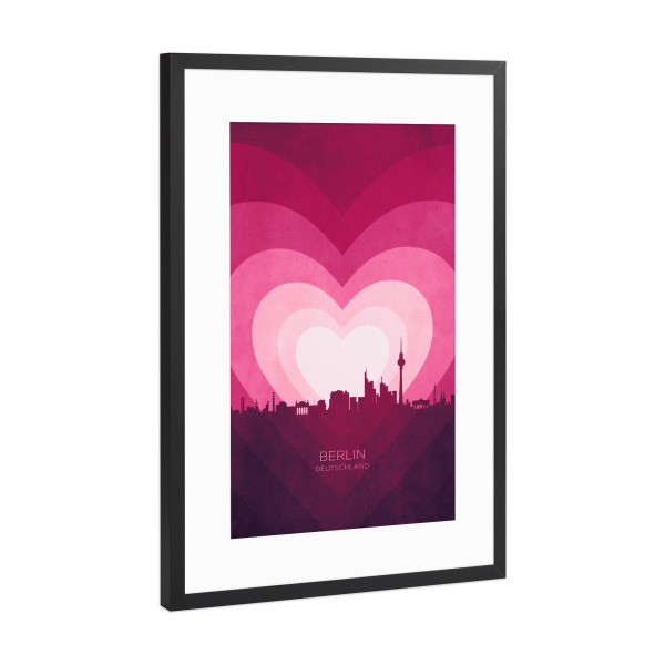 Poster mit Rahmen Schwarz (Metallic) "Berlin Skyline Herz rosa" artboxONE - Städte