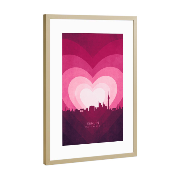 Poster mit Rahmen Gold "Berlin Skyline Herz rosa" artboxONE - Städte