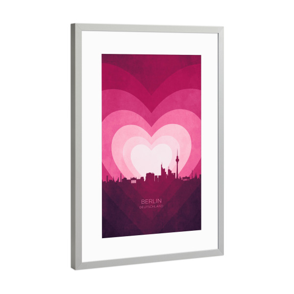 Poster mit Rahmen Silber "Berlin Skyline Herz rosa" artboxONE - Städte