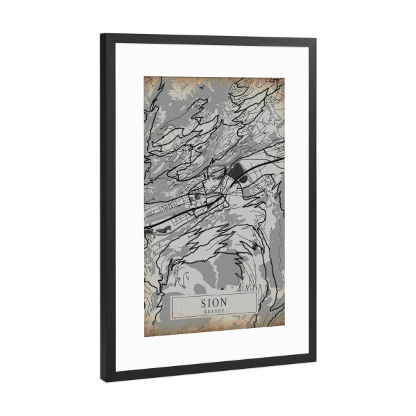 Poster mit Rahmen Schwarz (Metallic) "Retro City Sion" artboxONE - Städte / Weitere,Kartografie
