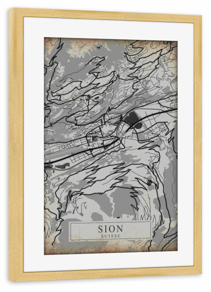 Poster mit Rahmen kiefer "Retro City Sion" artboxONE - Städte / Weitere,Kartografie
