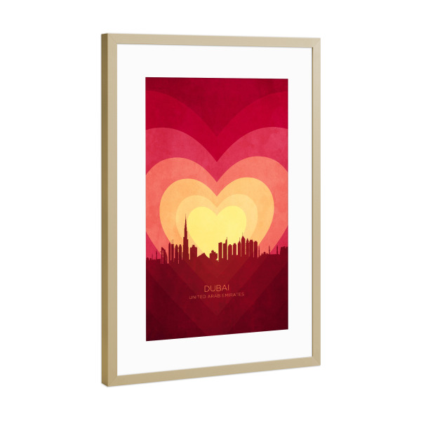 Poster mit Rahmen Gold "Dubai Skyline Herz rot gelb" artboxONE - Städte