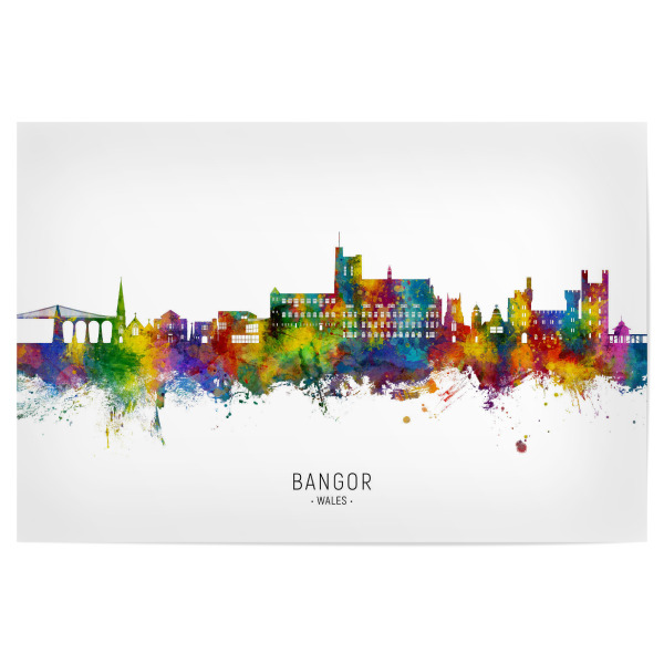 Poster "Bangor Wales Skyline txt" artboxONE - Städte - Bangor,Wales,Vereinigtes königreich,Gwynedd,Skyline,Stadtbild,Stadtbild,Aquarell,Malerei