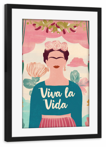 Poster mit Rahmen schwarz "Viva Frida und Blumen" artboxONE - Typografie,Floral,Menschen