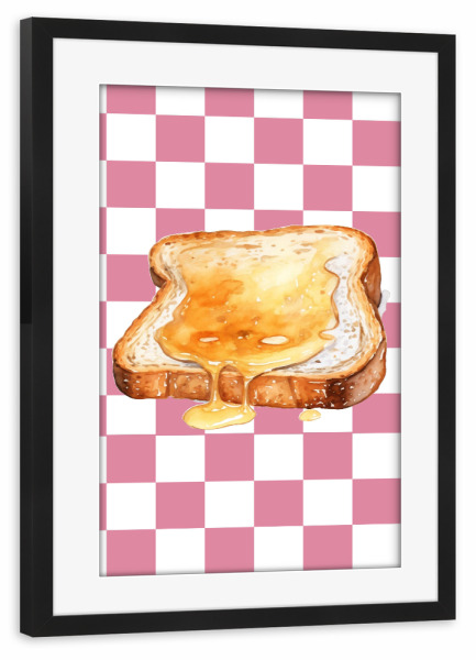 Poster mit Rahmen schwarz "Slice of toast" artboxONE - Essen & Trinken - Toast,Honey,Breakfast,Dripping,Checkered,Pink,White,Sweet,Food,Slice