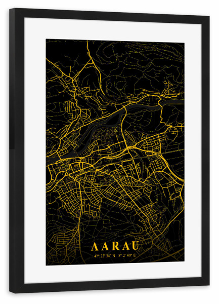 Poster mit Rahmen schwarz "City Map Aarau" artboxONE - Städte / Weitere,Kartografie