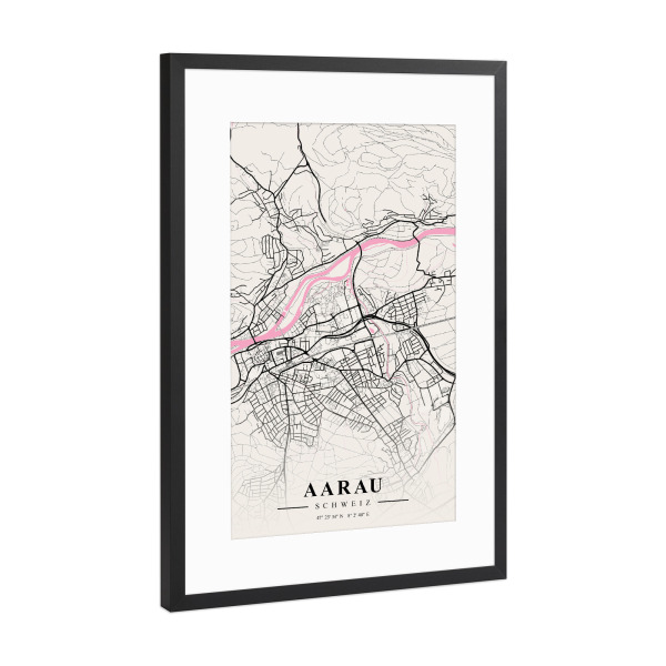 Poster mit Rahmen Schwarz (Metallic) "Map Aarau" artboxONE - Städte / Weitere,Kartografie