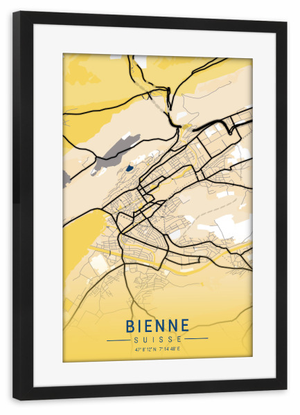 Poster mit Rahmen schwarz "City von Biel" artboxONE - Städte / Weitere,Kartografie