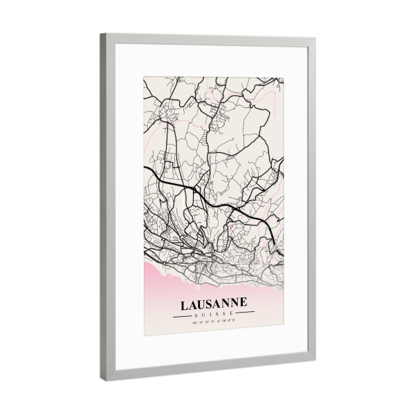Poster mit Rahmen Silber "Map Lausanne" artboxONE - Städte / Weitere,Kartografie
