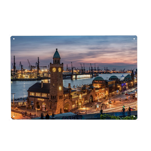 Holzbild "Sonnenuntergang Landungsbrücken" artboxONE - Städte / Hamburg