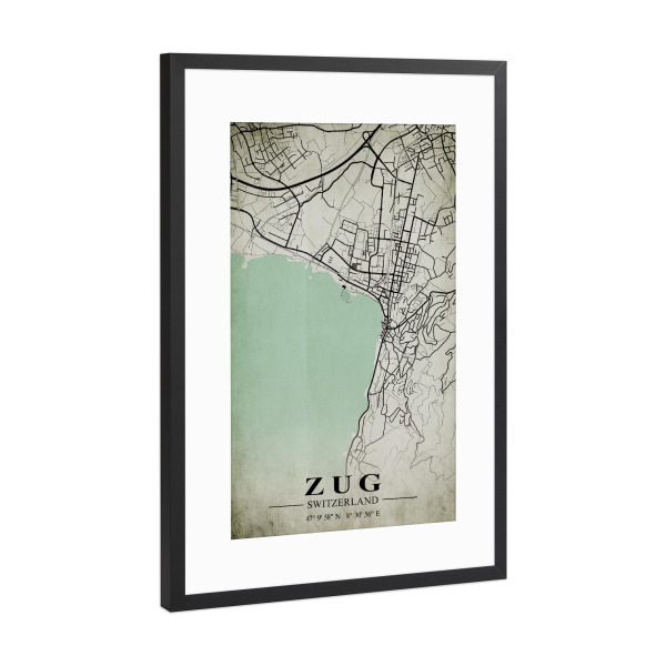 Poster mit Rahmen Schwarz (Metallic) "Zug Vintage CityMap" artboxONE - Städte / Weitere,Kartografie