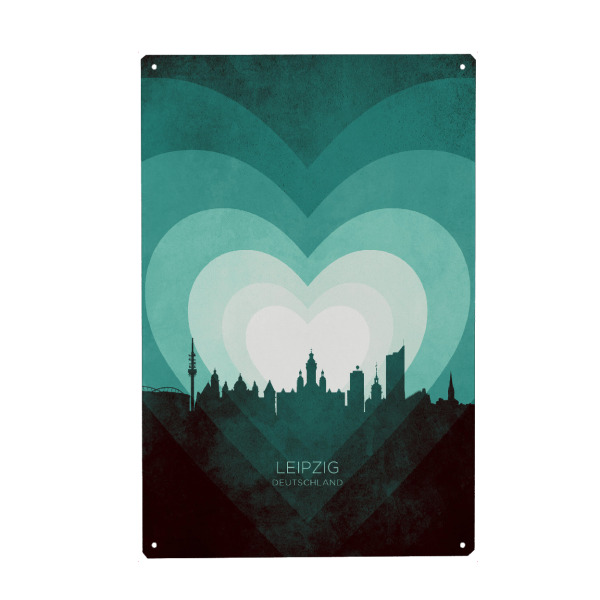 Metall Poster "Leipzig Skyline Heart Teal" artboxONE - Städte - Leipzig,Deutschland,Herz,Liebe,Romantisch,Valentinstag,Skyline,Stadtbild,Stattbild